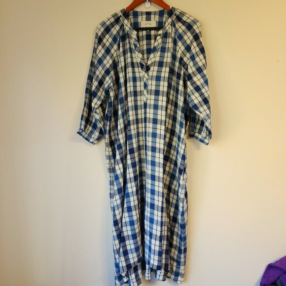 THE GREAT. Plaid Cotton Midi Shirtdress Blue Maroon Size 2/M Pockets Classic